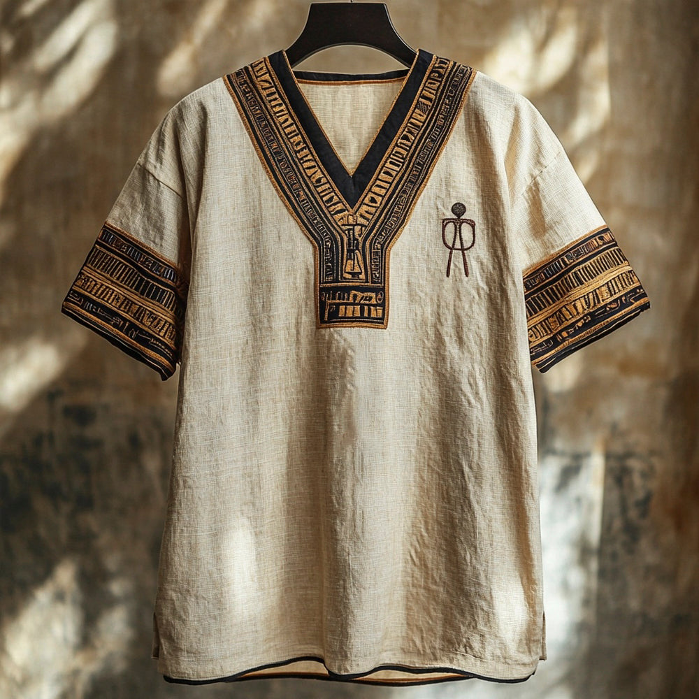 Vintage Egyptian Totem Men's Linen Short Sleeve V-neck Shirt elevenforest