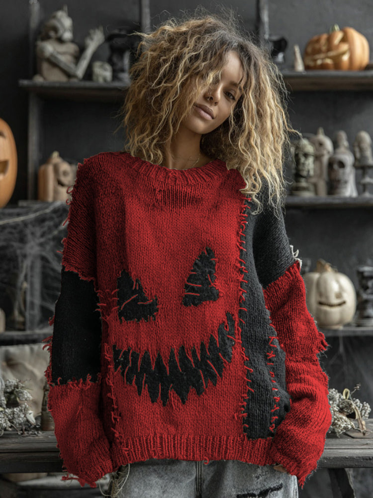 Halloween Spooky Face Contrast Stitched Cozy Knit Sweater elevenforest
