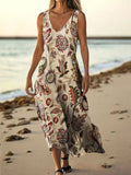Women's Ethnic Flower Art Print Pocket V Neck Cotton Dress