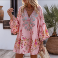 Bohemian Style Rose Pattern Design With Sparkles V-neck Woman's Dress elevenforest
