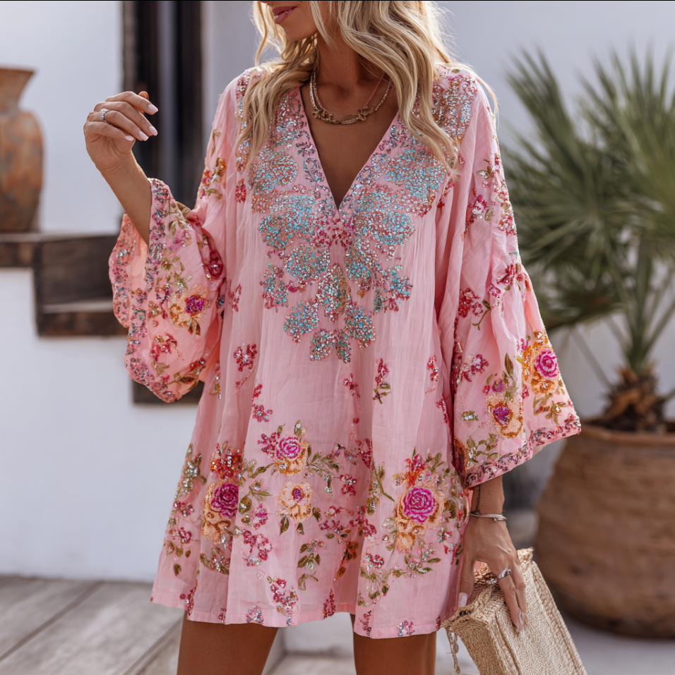 Bohemian Style Rose Pattern Design With Sparkles V-neck Woman's Dress elevenforest