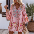 Bohemian Style Rose Pattern Design With Sparkles V-neck Woman's Dress elevenforest