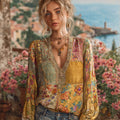 Bohème Patchwork Floral Retro Linen Top elevenforest