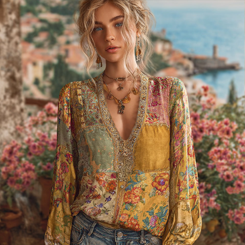 Bohème Patchwork Floral Retro Linen Top elevenforest