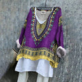 Comstylish African Ethnic Print V-neck Linen Blend T-shirt