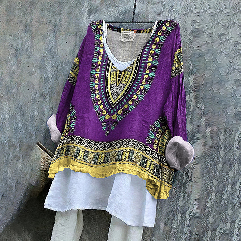 Comstylish African Ethnic Print V-neck Linen Blend T-shirt