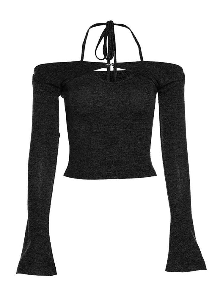 One-word Neck Intellectual Pure Color All-match Commuter Slim ’s Flared Sleeve Short Top