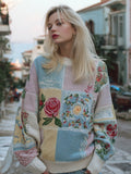 Comstylish Vintage Boho Floral Patchwork Art Cozy Knit Sweater
