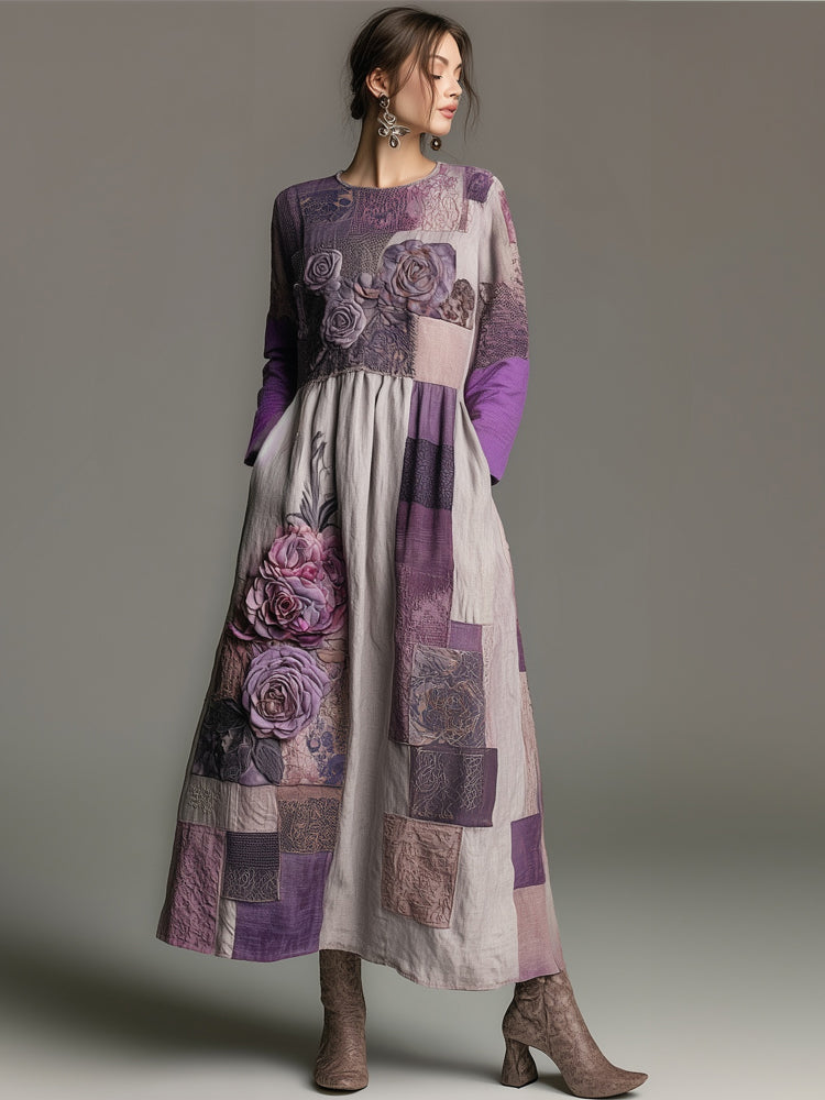 Vintage Purple Roses Embroidered Patchwork Linen Maxi Dress elevenforest