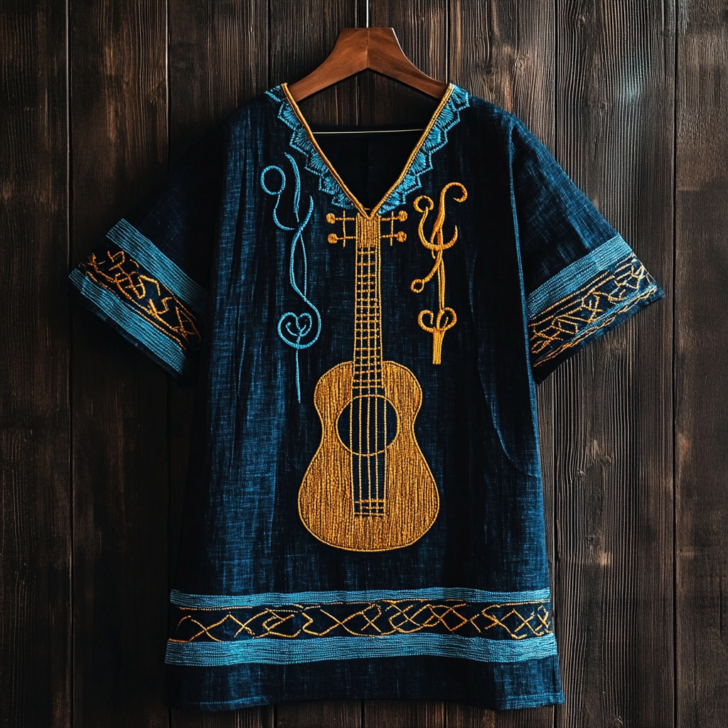 Men's Ancient Egypt Abstract Guitar Color Cotton And Linen T-shirt elevenforest