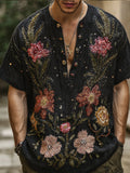Bohemian Style Three-dimensional Plant And Flower Black Starry Sky Men's V-neck Short-sleeved Shirt elevenforest