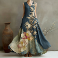 Women's Vintage Floral And Bamboo Art Print Linen Dress elevenforest