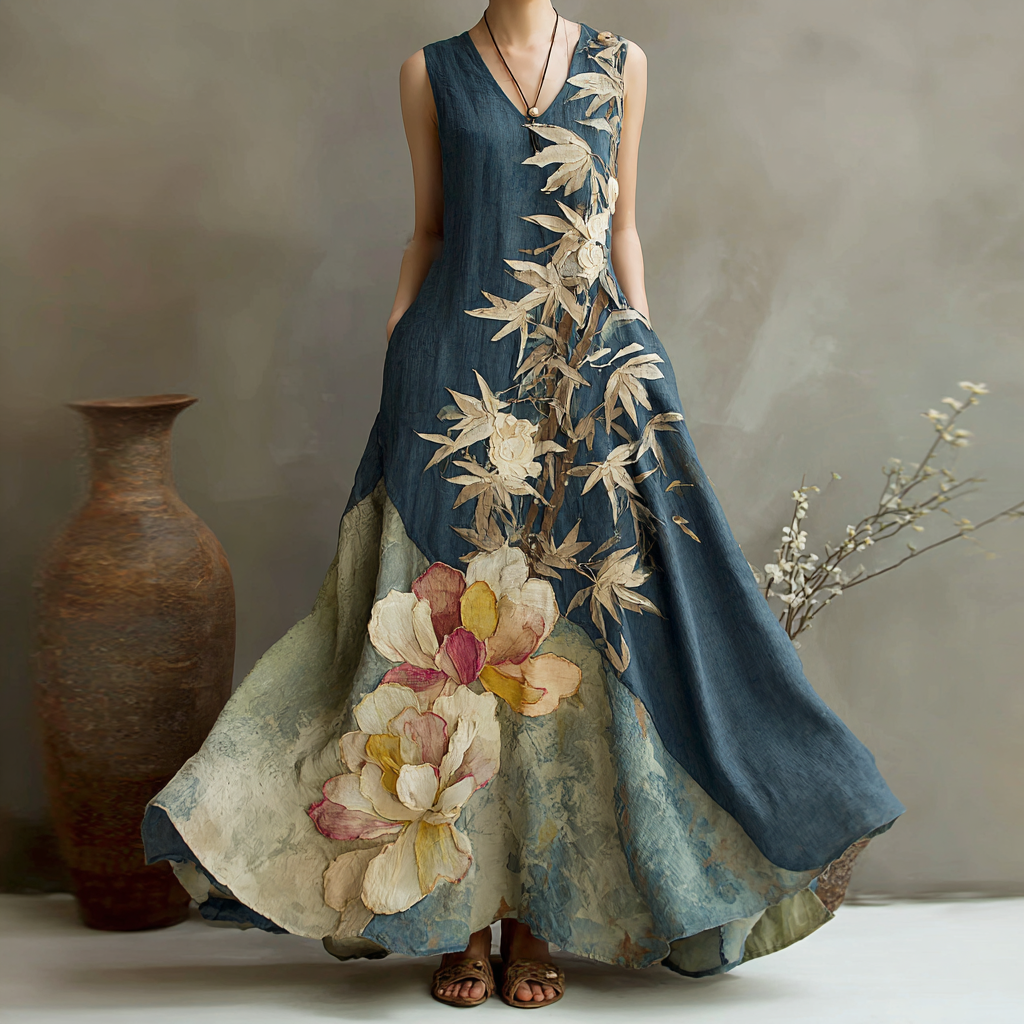 Women's Vintage Floral And Bamboo Art Print Linen Dress elevenforest