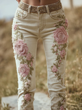 Bohemian Style Pink Rose Embroidery Pattern Women's Skinny Jeans elevenforest