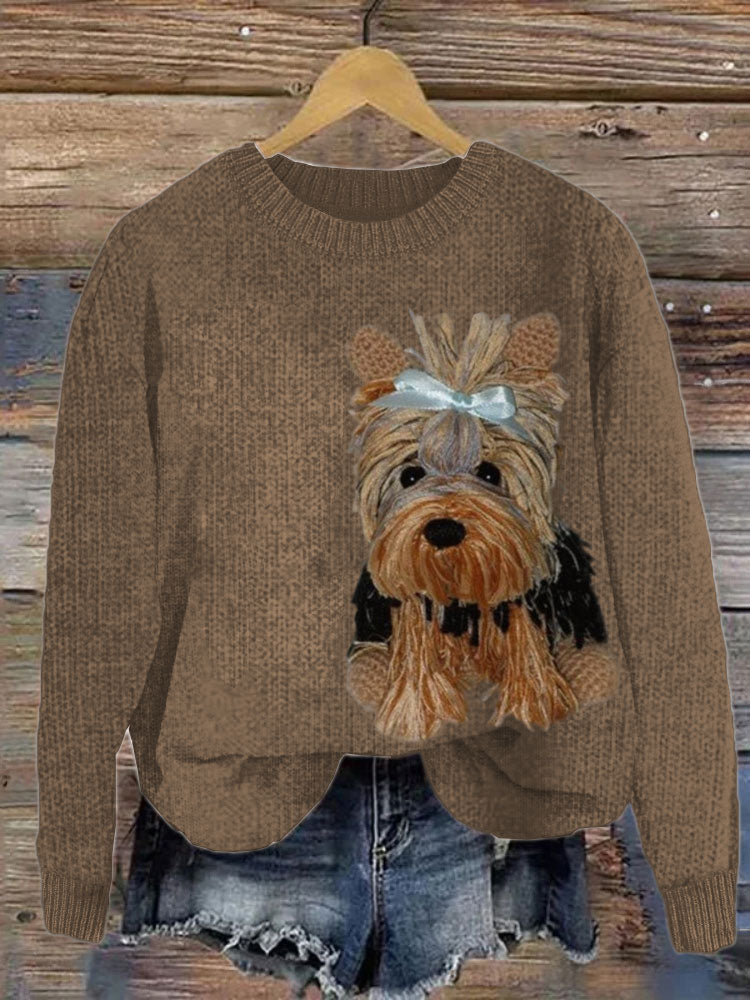 Comstylish Fuzzy Scotch Terrier Plush Patchwork Knit Sweater