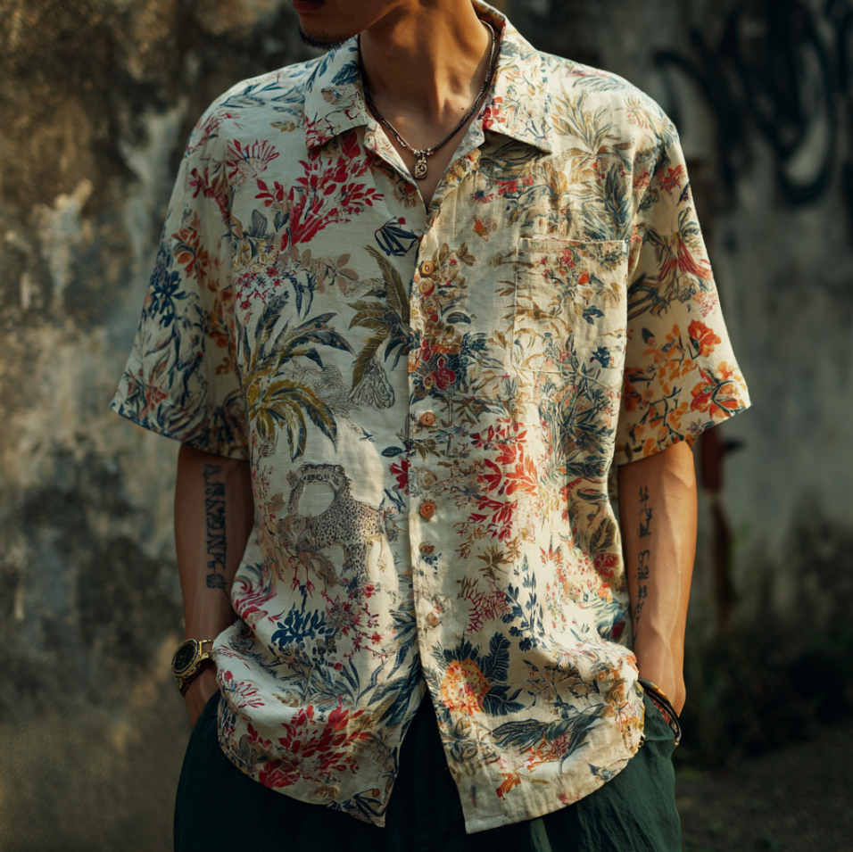 Men's Bohemian Plant Flower Pattern Retro Cotton And Linen Shirt elevenforest