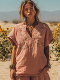 Women's Vintage Pink Floral Art Embroidery Linen T-shirt elevenforest