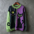 Halloween Monster Black Cat Color Blocking Women's Knitted Sweater elevenforest