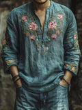 Men's Vintage Floral Embroidered Comfy Linen Shirt elevenforest