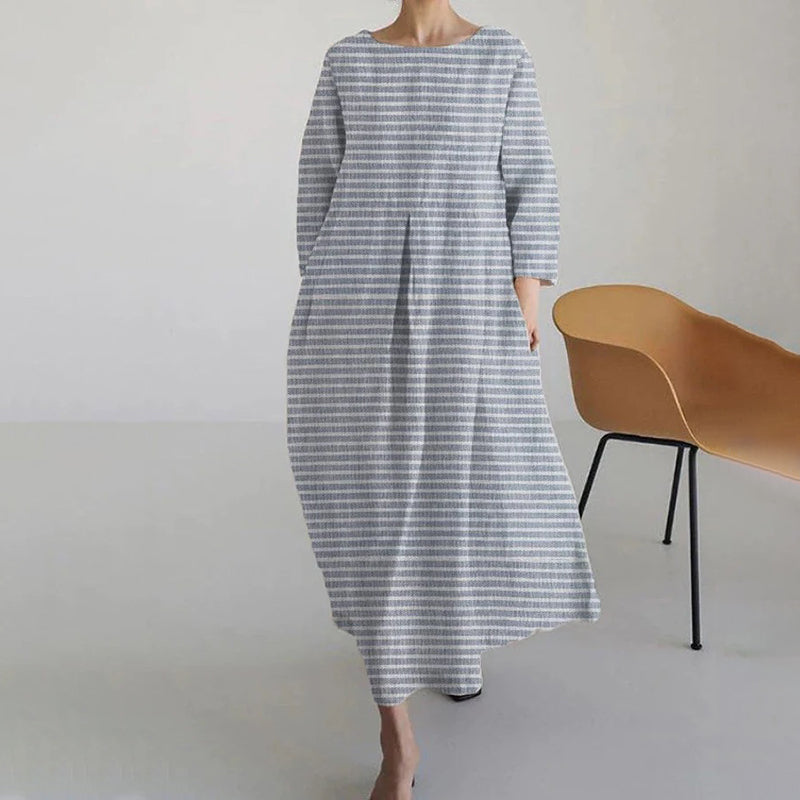 Women's Stripe Cotton Linen Print Maxi Dress elevenforest