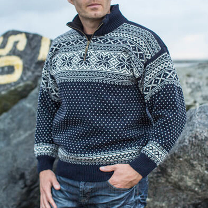 Vintage Warmth Norwool Knit Jacquard Icelandic Half Zip Collar Sweater（Unisex ） elevenforest