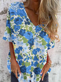 Women's Elegant Floral Pattern Shirt Style Cotton and Linen Top