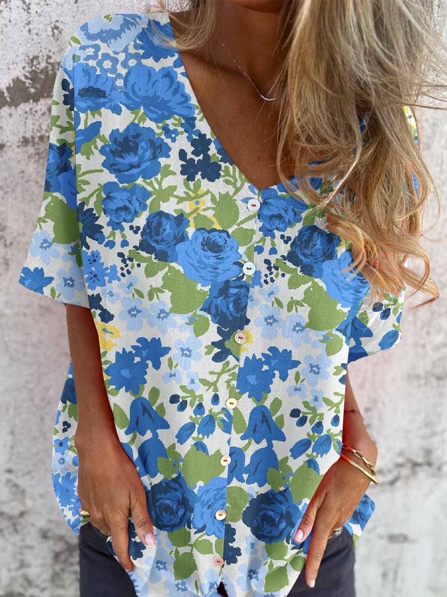 Women's Elegant Floral Pattern Shirt Style Cotton and Linen Top