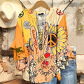 Women's Hippie Peace Love Art Print Casual Cotton And Linen Shirt