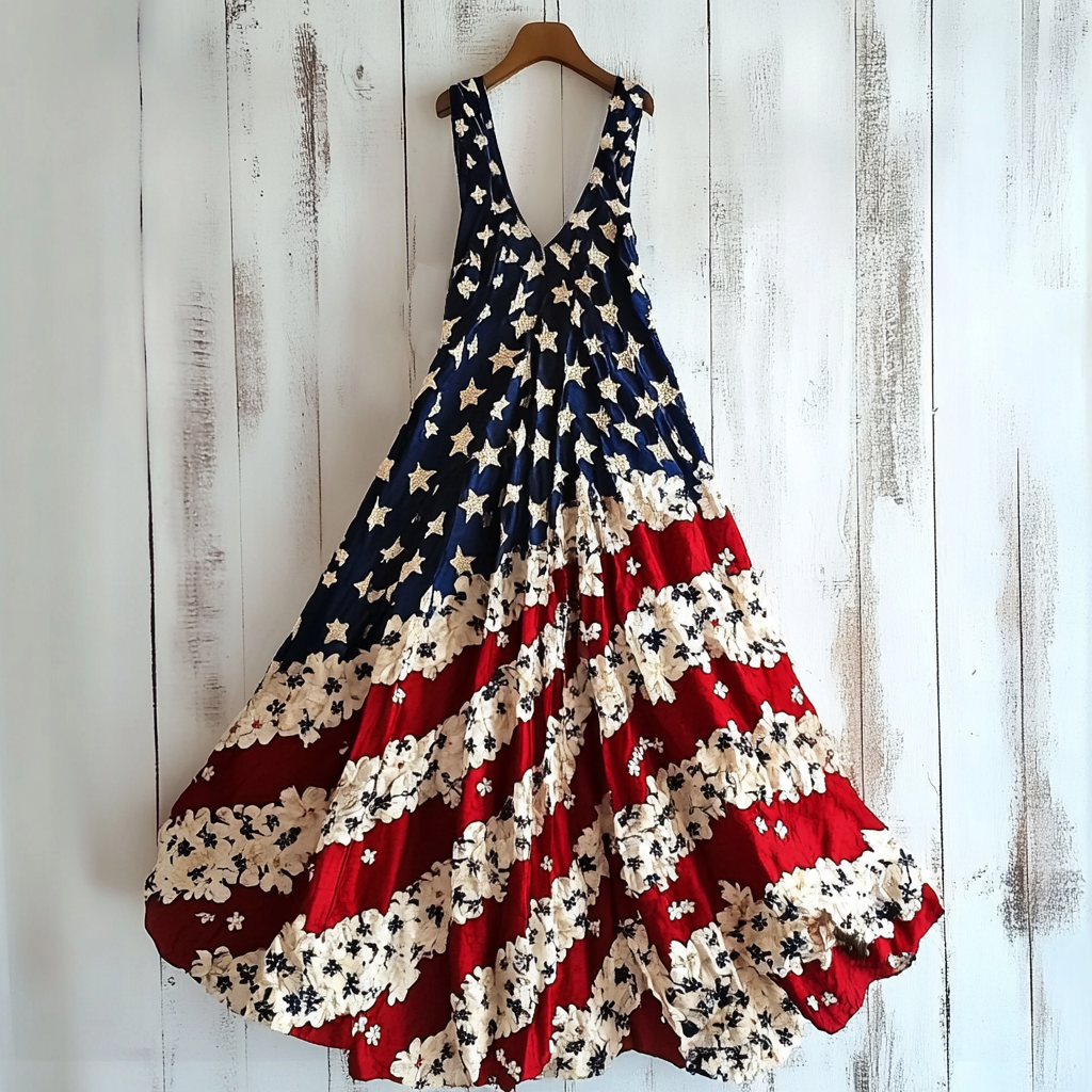 Women's Vintage Independence Day Flag Flowers Art Line Tank Dress elevenforest