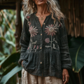 Bohemian Style Linen Floral Art Print Long Sleeve Loose  Shirt elevenforest