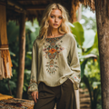 Vintage Pomace Embroidered Linen Crew Neck Long Sleeve T-shirt elevenforest