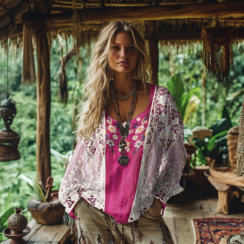 Retro Bohemian Floral Embroidery Lace Patchwork Art Cotton And Linen Blend Loose Blouse elevenforest