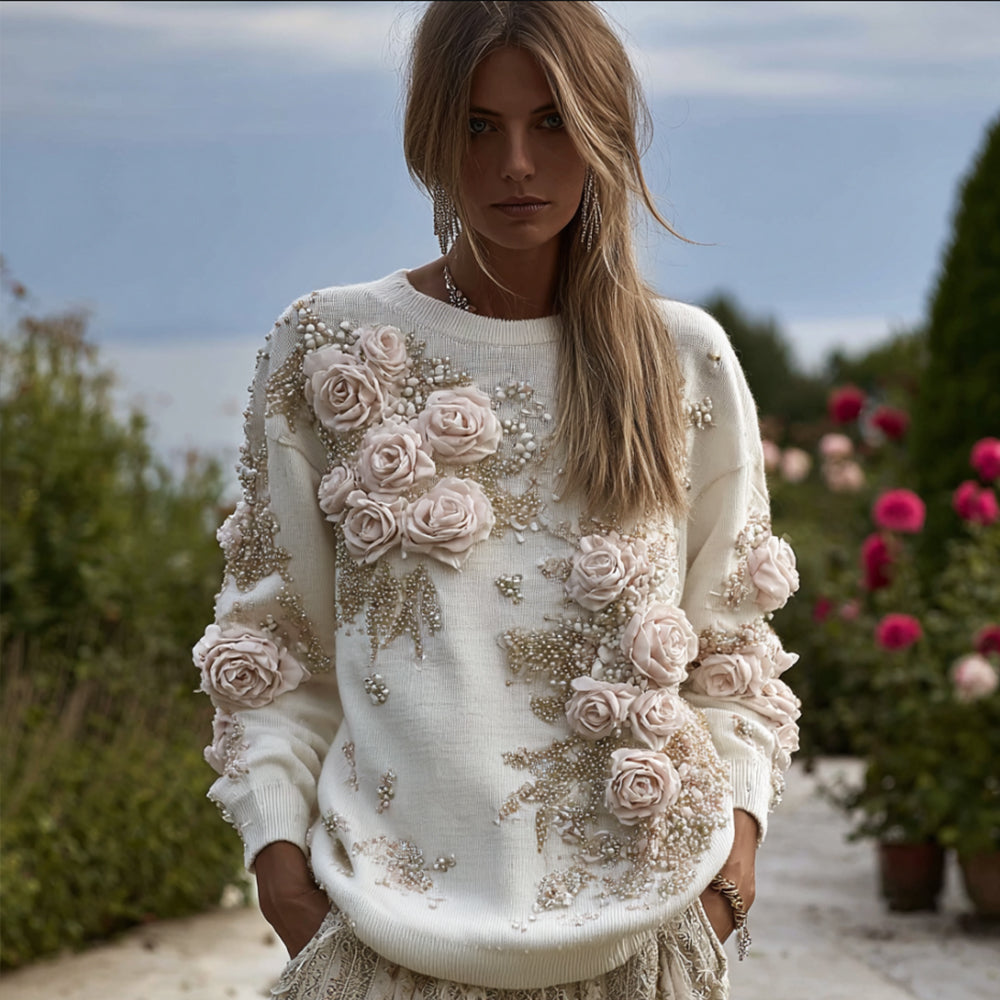 Bohemian French Style Rose Romantic Casual V-neck Long-sleeved Top elevenforest