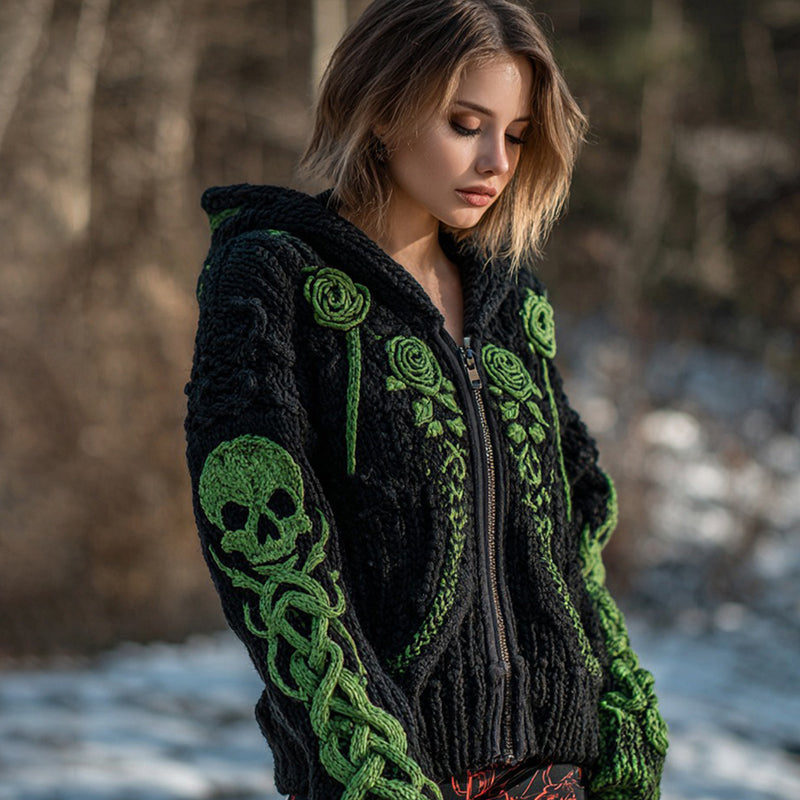 Women's Vintage Celtic Knot Skull And Roses Knit Hooded Zip-up Sweater elevenforest
