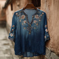 Western-style Plant And Flower Elements Casual V-neck Linen Short-sleeved Shirt elevenforest