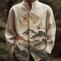 Men's Japanese-style Casual Shirt With Landscape And Crane Pattern elevenforest