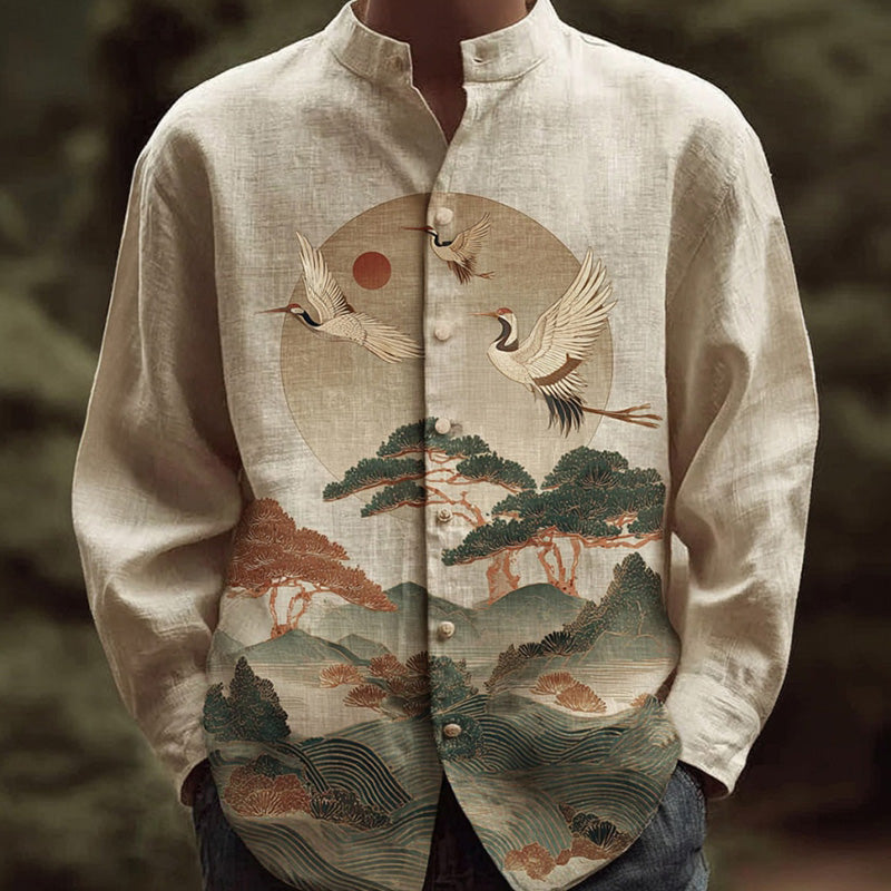 Men's Japanese-style Casual Shirt With Landscape And Crane Pattern elevenforest