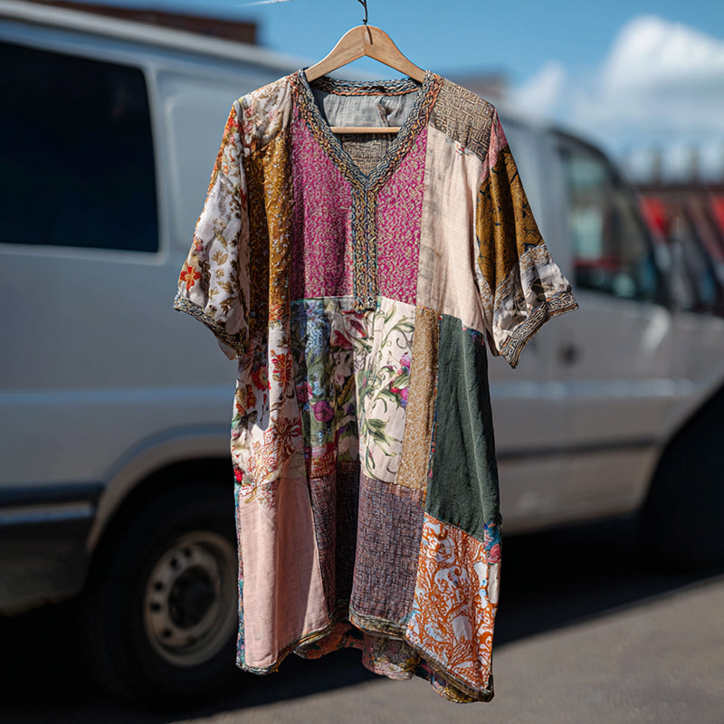 Countryside Style Collection Classy Patchwork Floral Pattern Art Linen Maxi Dress