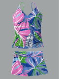 V-Neck Hawaiian Print Suspender Skirt Tankini Pantskirt Set Swimsuit