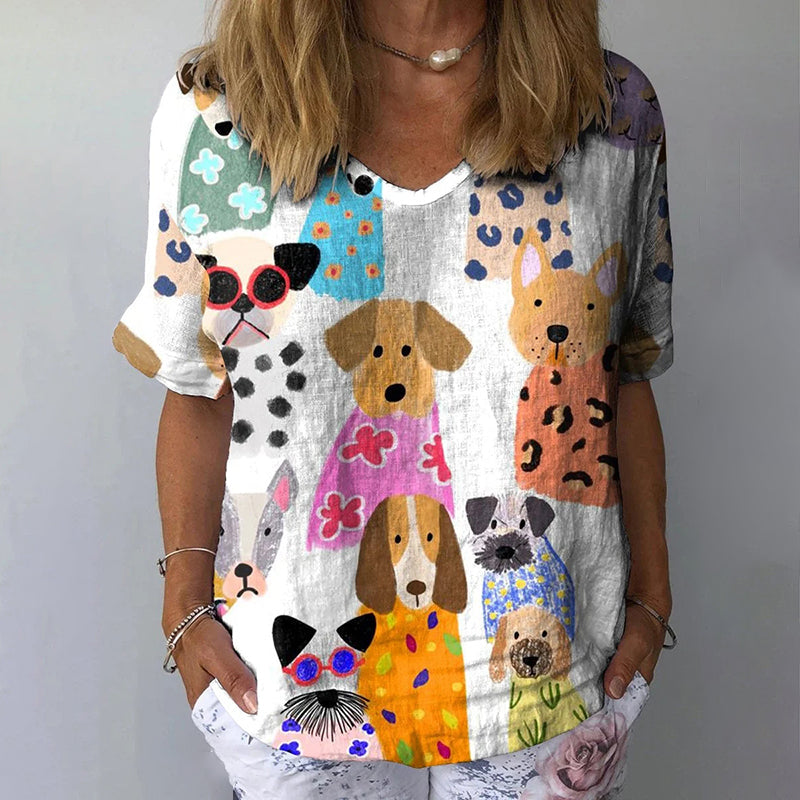 Comstylish Women's Colorful Puppy Casual Linen T-shirt