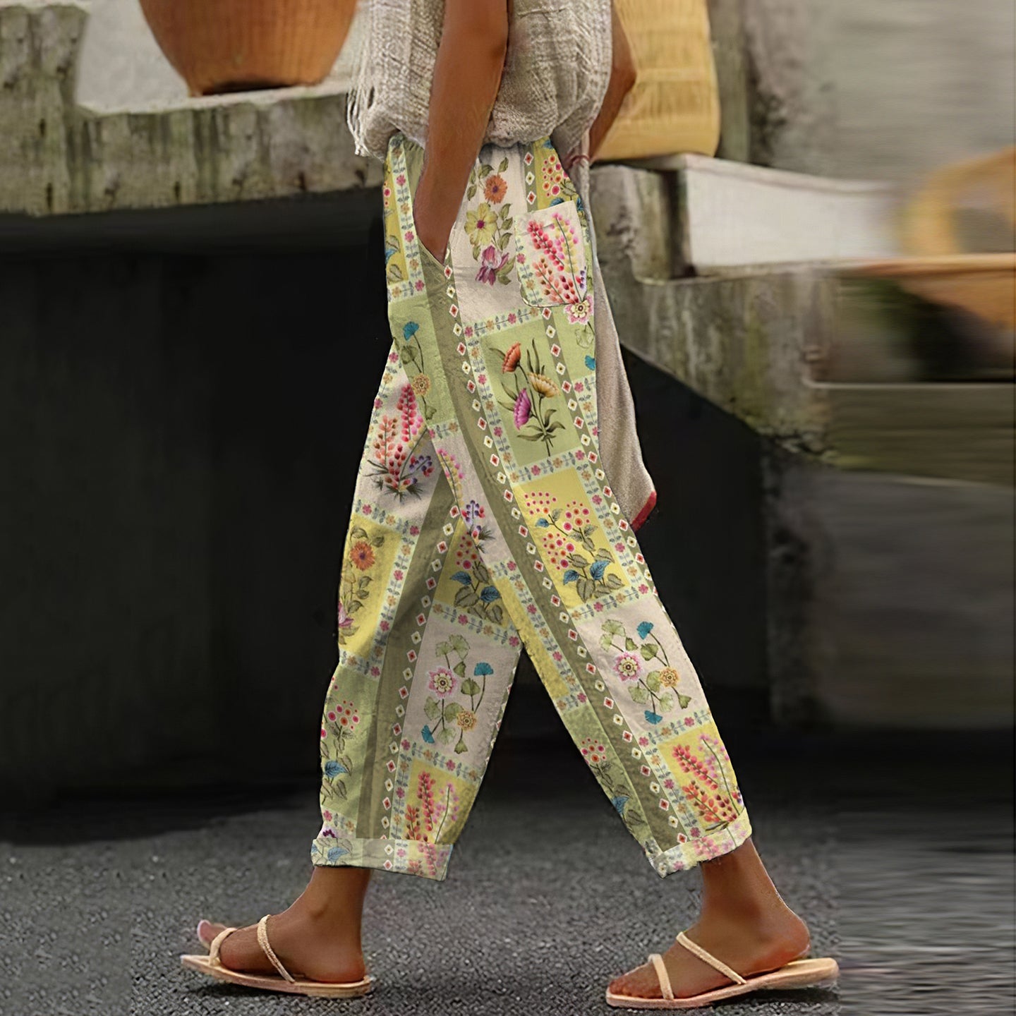 Women's Vintage Floral Art Linen Lounge Pants elevenforest