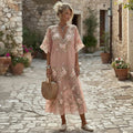 Women's Retro Floral Embroidery Art V-neck Short Sleeve Midi Dress elevenforest