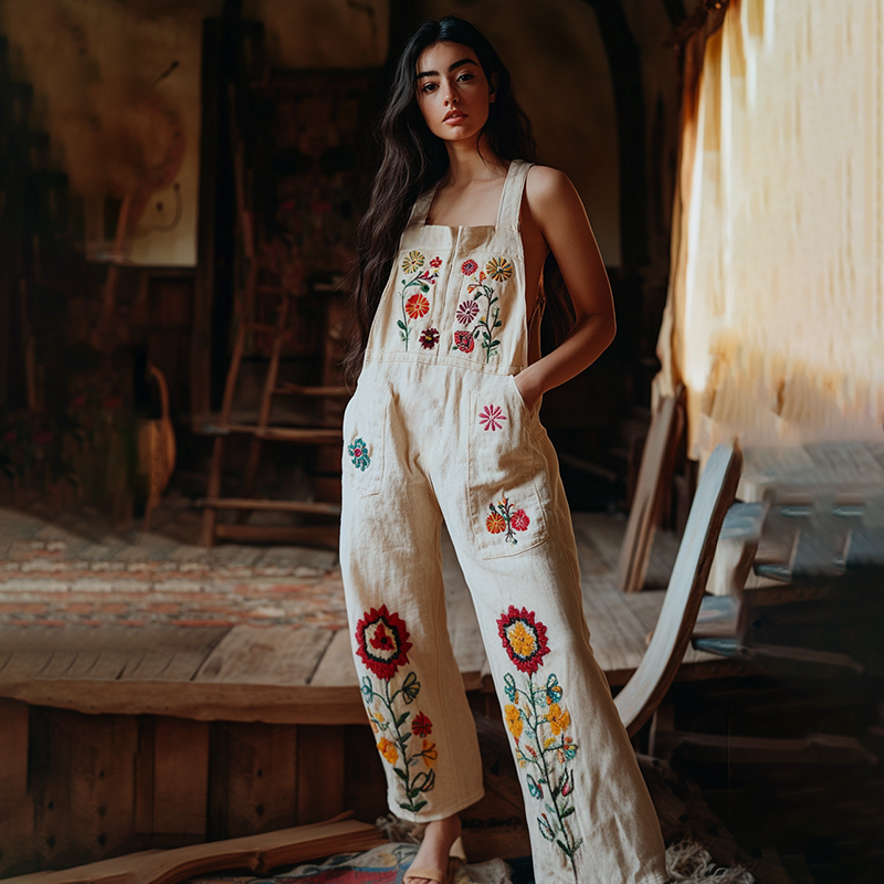 Vintage Floral Embroidered Art Linen Blend Loose Casual Jumpsuit elevenforest