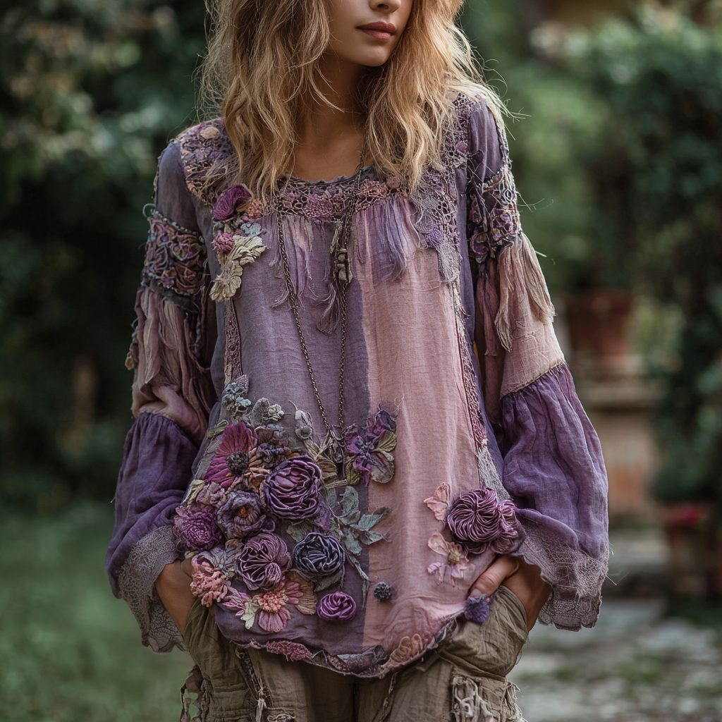 Women's Vintage Floral Stitching Long Sleeve Round Neck Shirt elevenforest