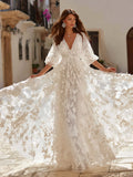 Women's Bohemian Romantic White Floral Lace V-neck Long Sleeve Waist-tucked Dress elevenforest