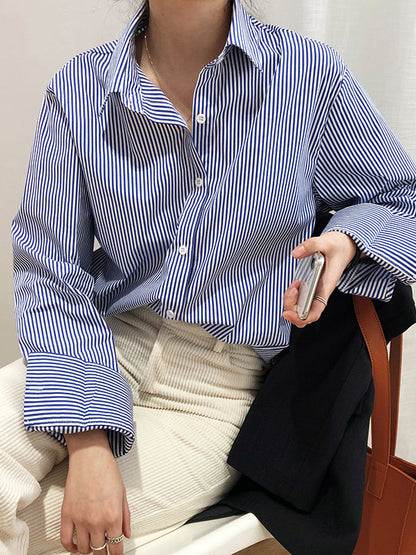 Urban Loose Striped Lapel Collar Blouses&shirts Tops