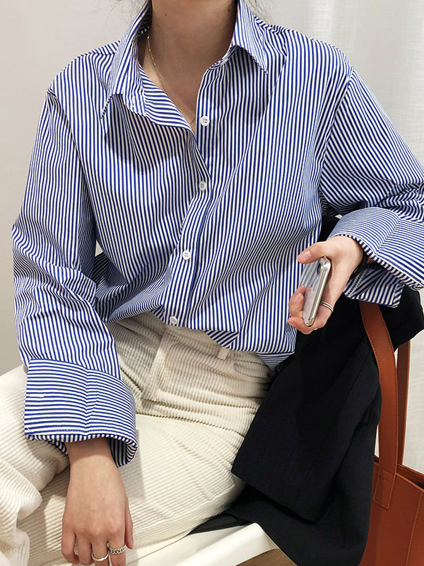 Urban Loose Striped Lapel Collar Blouses&shirts Tops