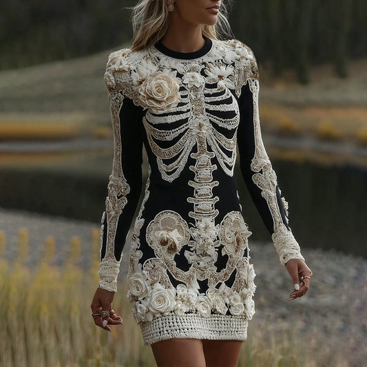 Comstylish Women's Halloween Skeleton Bones With Rose Art Cozy Knit Mini Sweater Dress