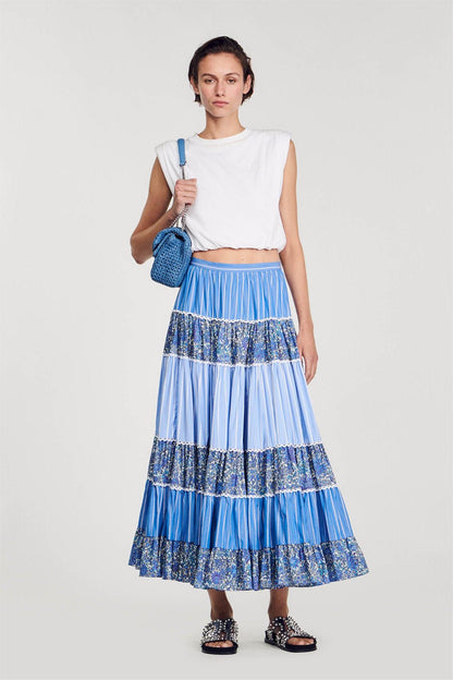 Mid Waist Stripe Lace Midi Skirt