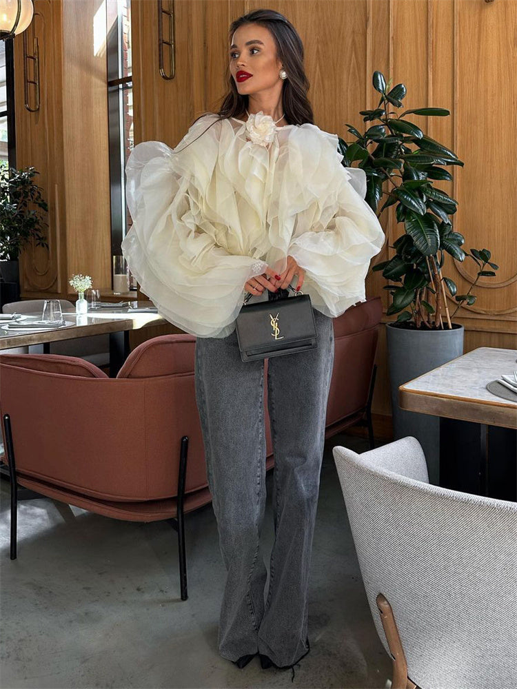 Tossy Patchwork Ruffled White Shirts for High Waist Long Sleeve Blouse Top